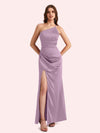 Sexy Side Slit One Shoulder Mermaid Soft Satin Long Matron of Honor Dress For Wedding