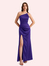 Sexy Side Slit One Shoulder Mermaid Soft Satin Long Matron of Honor Dress For Wedding