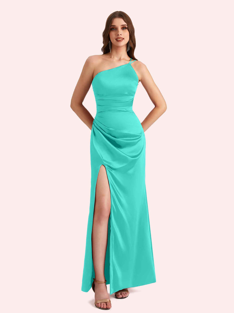 Sexy Side Slit One Shoulder Mermaid Soft Satin Long Matron of Honor Dress For Wedding