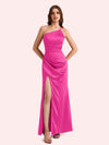 Sexy Side Slit One Shoulder Mermaid Soft Satin Long Matron of Honor Dress For Wedding