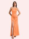 Sexy Side Slit One Shoulder Mermaid Soft Satin Long Matron of Honor Dress For Wedding