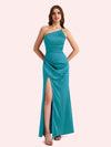 Sexy Side Slit One Shoulder Mermaid Soft Satin Long Matron of Honor Dress For Wedding