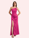 Sexy Side Slit One Shoulder Mermaid Soft Satin Long Matron of Honor Dress For Wedding