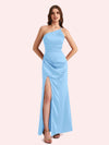 Sexy Side Slit One Shoulder Mermaid Soft Satin Long Matron of Honor Dress For Wedding