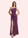 Sexy Side Slit One Shoulder Mermaid Soft Satin Long Matron of Honor Dress For Wedding