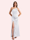 Sexy Side Slit One Shoulder Mermaid Soft Satin Long Matron of Honor Dress For Wedding