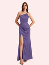 Sexy Side Slit One Shoulder Mermaid Soft Satin Long Matron of Honor Dress For Wedding