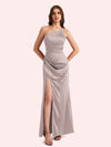 Sexy Side Slit One Shoulder Mermaid Soft Satin Long Matron of Honor Dress For Wedding