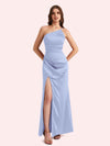 Sexy Side Slit One Shoulder Mermaid Soft Satin Long Matron of Honor Dress For Wedding