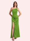 Sexy Side Slit One Shoulder Mermaid Soft Satin Long Matron of Honor Dress For Wedding