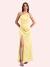 Sexy Side Slit One Shoulder Mermaid Soft Satin Long Matron of Honor Dress For Wedding