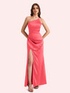 Sexy Side Slit One Shoulder Mermaid Soft Satin Long Matron of Honor Dress For Wedding