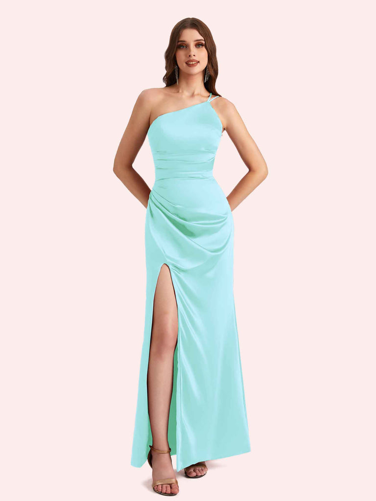 Sexy Side Slit One Shoulder Mermaid Soft Satin Long Matron of Honor Dress For Wedding