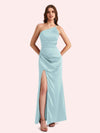 Sexy Side Slit One Shoulder Mermaid Soft Satin Long Matron of Honor Dress For Wedding