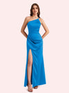 Sexy Side Slit One Shoulder Mermaid Soft Satin Long Matron of Honor Dress For Wedding