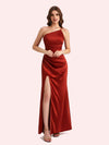 Sexy Side Slit One Shoulder Mermaid Soft Satin Long Matron of Honor Dress For Wedding