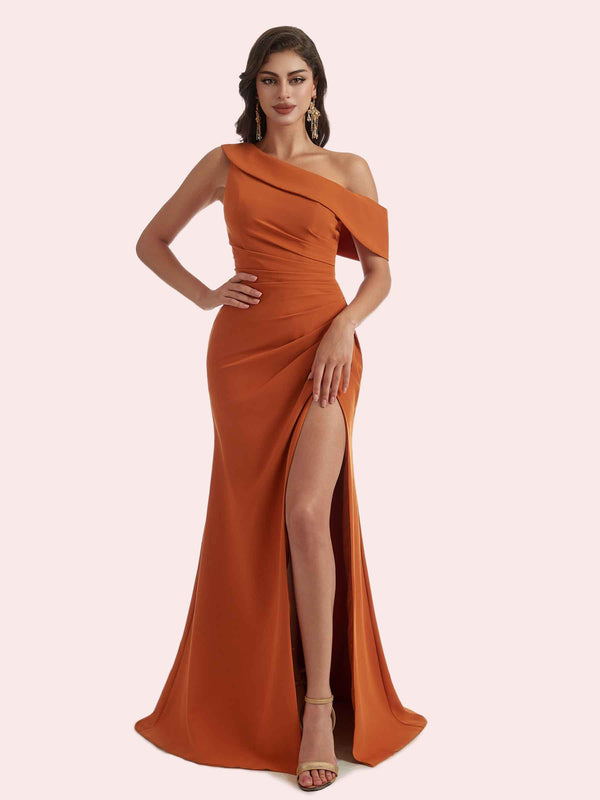 Elegant Mermaid Side Slit Off Shoulder Crepe Long Bridesmaid Dress For Wedding