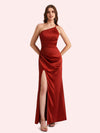 Sexy Side Slit One Shoulder Mermaid Soft Satin Long Matron of Honor Dress For Wedding