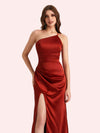 Sexy Side Slit One Shoulder Mermaid Soft Satin Long Matron of Honor Dress For Wedding