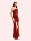 Sexy Side Slit One Shoulder Mermaid Soft Satin Long Matron of Honor Dress For Wedding