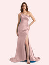 Sexy Side Slit One Shoulder Mermaid Soft Satin Long Matron of Honor Dress For Wedding