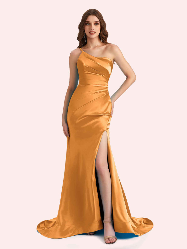 Sexy Side Slit One Shoulder Mermaid Soft Satin Long Matron of Honor Dress For Wedding