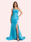 Sexy Side Slit One Shoulder Mermaid Soft Satin Long Matron of Honor Dress For Wedding