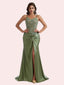 Gorgeous V Neck Lace Appliques Mermaid Pleats Front Slit Soft Satin Long Bridesmaid Dress For Wedding