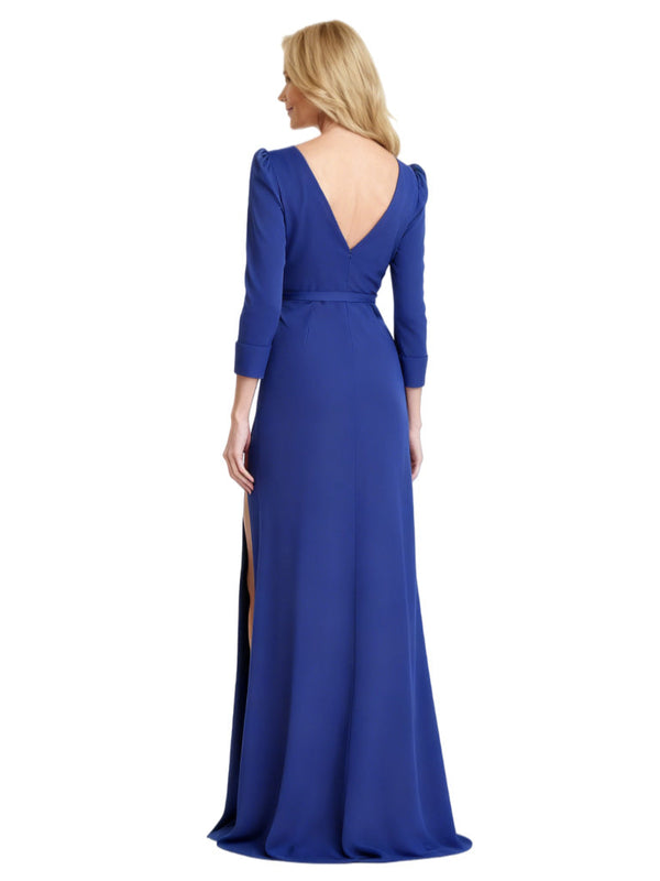 Elegant V-Neck 3/4 Sleeves Satin Side Slit Long Mother of The Bride Formal Dresses