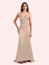 Elegant One Shoulder Sleeveless Mermaid Soft Satin Long Matron of Honor Dress For Wedding