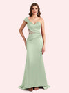 Elegant One Shoulder Sleeveless Mermaid Soft Satin Long Matron of Honor Dress For Wedding