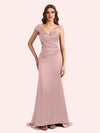 Elegant One Shoulder Sleeveless Mermaid Soft Satin Long Matron of Honor Dress For Wedding