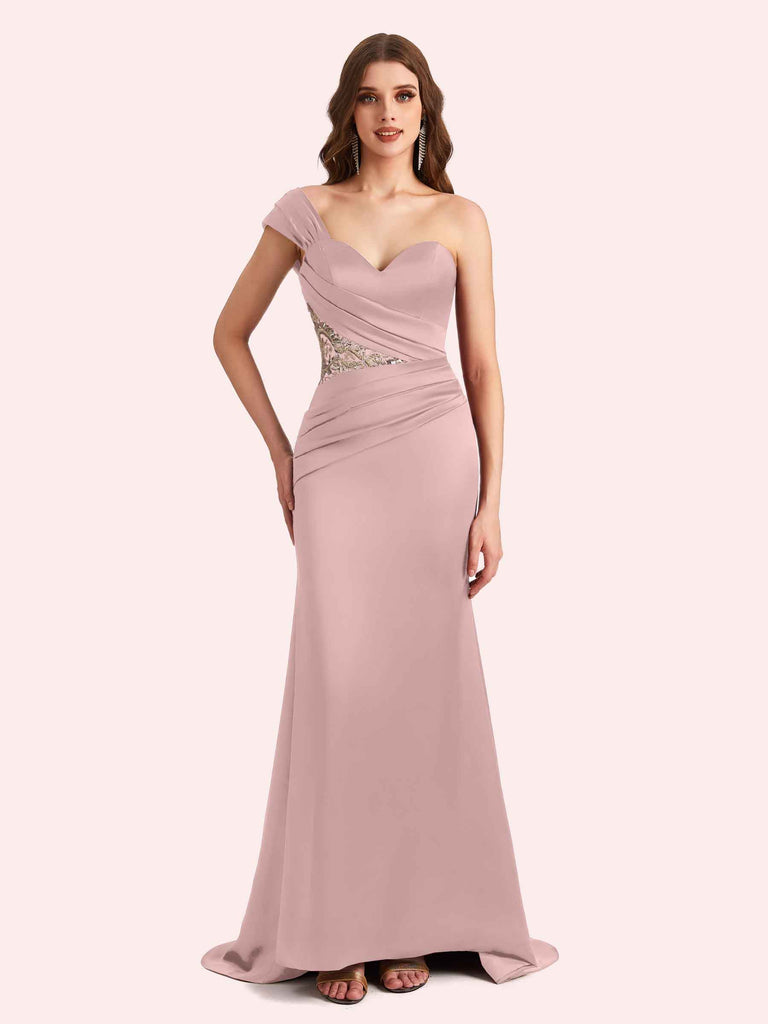 Elegant One Shoulder Sleeveless Mermaid Soft Satin Long Matron of Honor Dress For Wedding