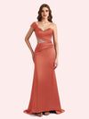 Elegant One Shoulder Sleeveless Mermaid Soft Satin Long Matron of Honor Dress For Wedding