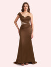 Elegant One Shoulder Sleeveless Mermaid Soft Satin Long Matron of Honor Dress For Wedding