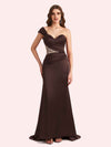 Elegant One Shoulder Sleeveless Mermaid Soft Satin Long Matron of Honor Dress For Wedding