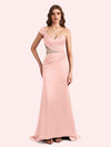 Elegant One Shoulder Sleeveless Mermaid Soft Satin Long Matron of Honor Dress For Wedding