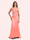 Elegant One Shoulder Sleeveless Mermaid Soft Satin Long Matron of Honor Dress For Wedding