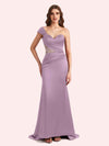 Elegant One Shoulder Sleeveless Mermaid Soft Satin Long Matron of Honor Dress For Wedding