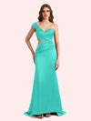 Elegant One Shoulder Sleeveless Mermaid Soft Satin Long Matron of Honor Dress For Wedding