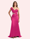 Elegant One Shoulder Sleeveless Mermaid Soft Satin Long Matron of Honor Dress For Wedding