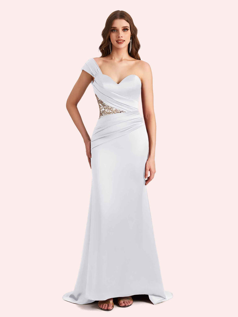 Elegant One Shoulder Sleeveless Mermaid Soft Satin Long Matron of Honor Dress For Wedding