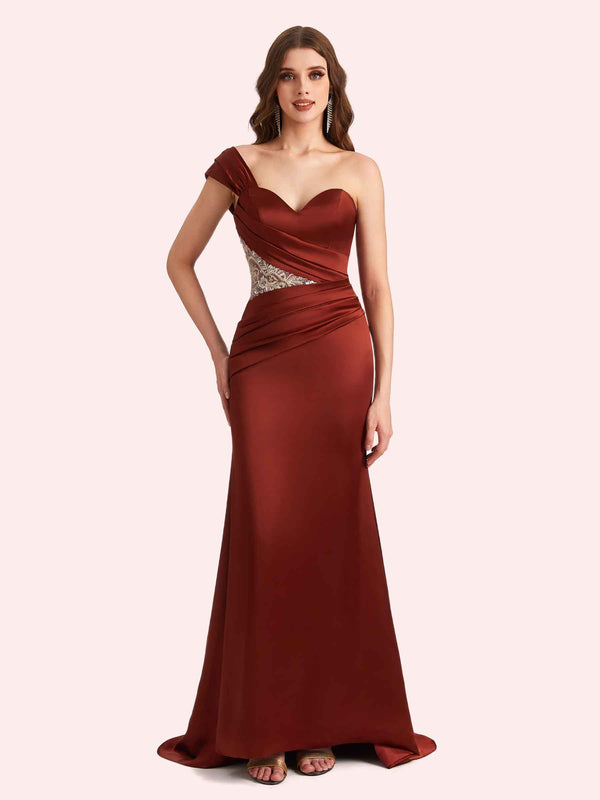 Elegant One Shoulder Sleeveless Mermaid Soft Satin Long Matron of Honor Dress For Wedding