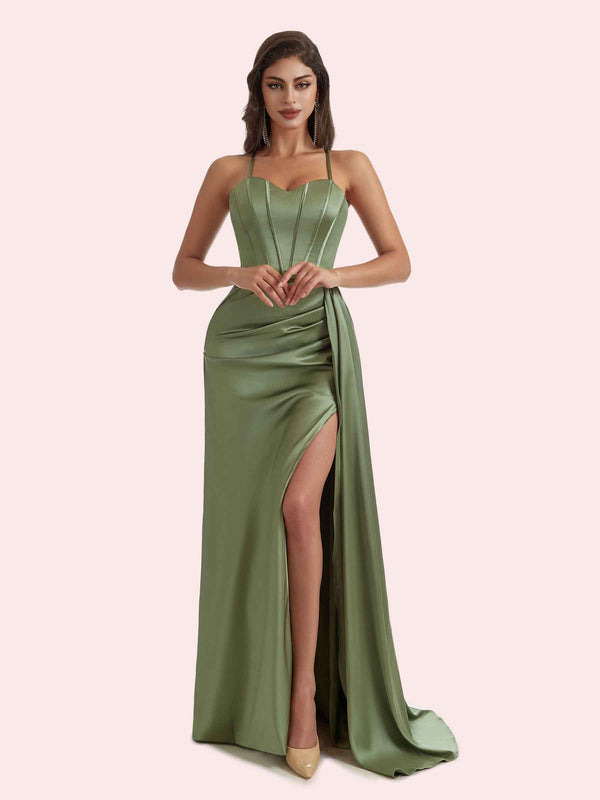 Elegant Sweetheart Mermaid Pleats Side Slit Spaghetti Strap Soft Satin Long Bridesmaid Dress For Wedding