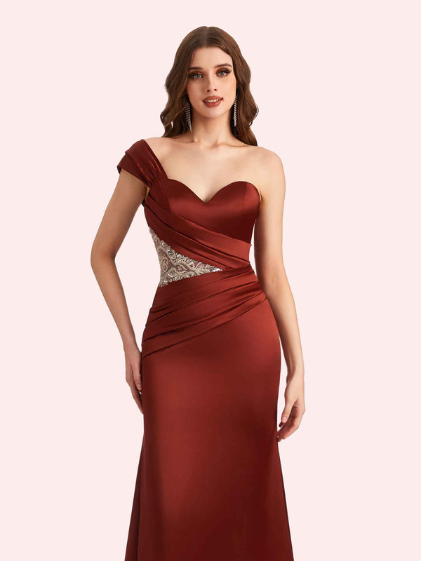 Elegant One Shoulder Sleeveless Mermaid Soft Satin Long Matron of Honor Dress For Wedding