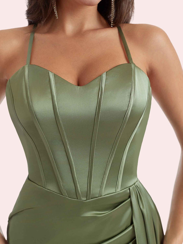 Elegant Sweetheart Mermaid Pleats Side Slit Spaghetti Strap Soft Satin Long Bridesmaid Dress For Wedding