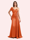 Sexy One Shoulder Sleeveless Mermaid Soft Satin Long Matron of Honor Dress For Wedding