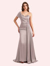 Sexy One Shoulder Sleeveless Mermaid Soft Satin Long Matron of Honor Dress For Wedding