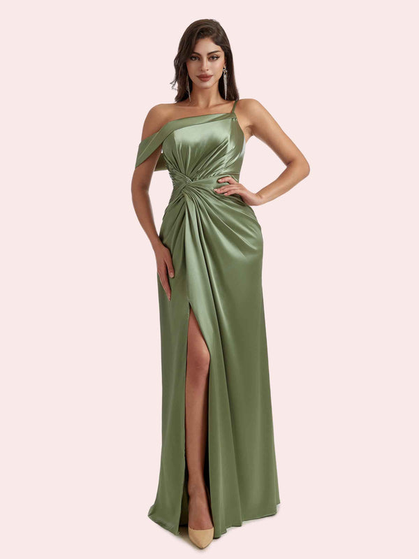 Elegant Mermaid Pleats Side Slit Off Shoulder Spaghetti Strap Soft Satin Long Bridesmaid Dress For Wedding