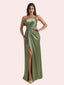 Elegant Mermaid Pleats Side Slit Off Shoulder Spaghetti Strap Soft Satin Long Bridesmaid Dress For Wedding